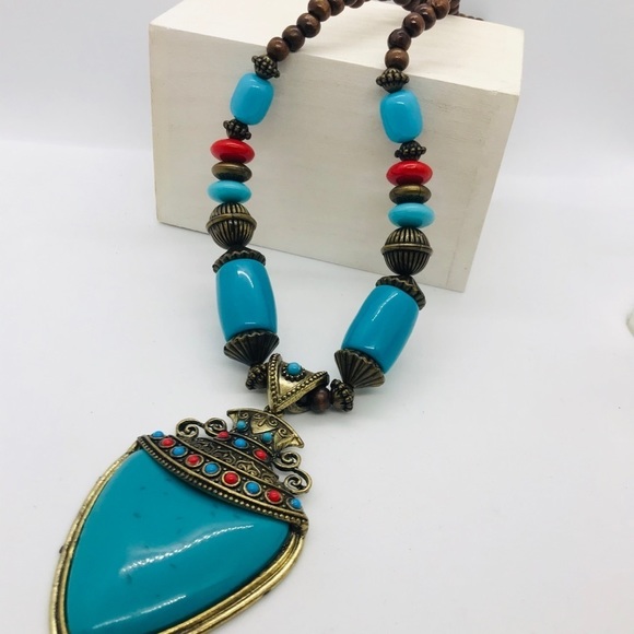 Summer Bohemian Statement Turquoise Wood Necklace - Picture 2 of 16